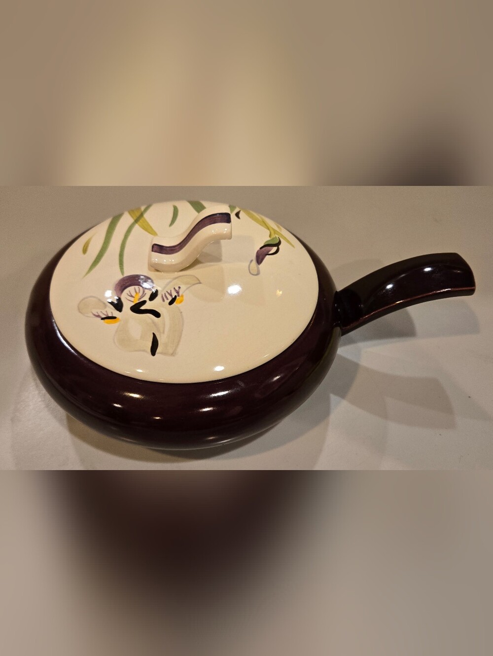 Red Wing Iris Ceramic Lidded Skillet with Floral Lid - Cream and Deep Plum